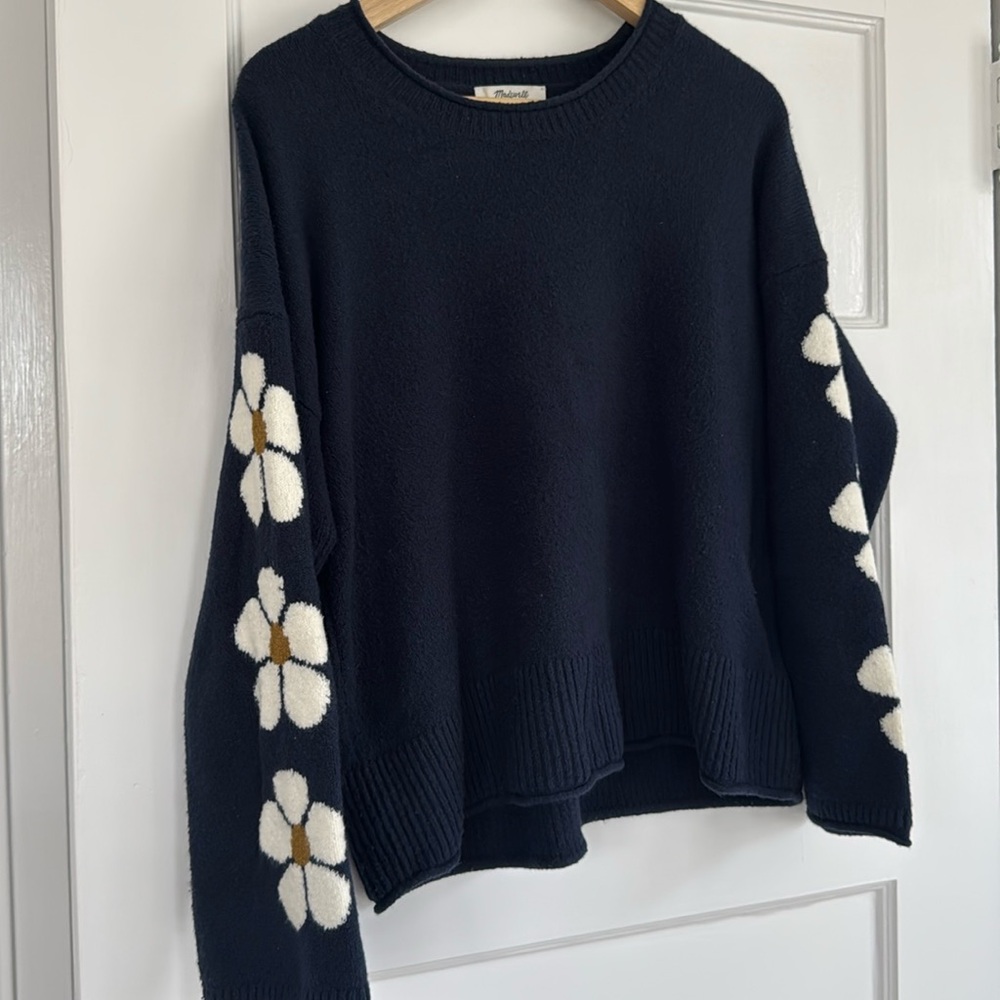 Madewell Navy Sweater with White Floral Sleeves